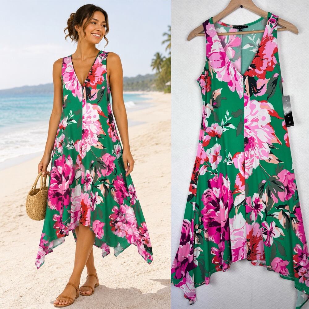 NWT Tiana B Green Floral Shark Bite Midi Dress Resort Sz Small Tropical Cruise